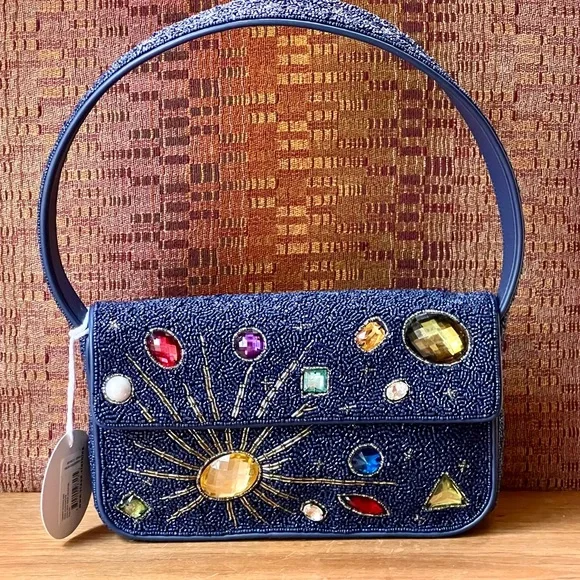🌺🎉HP🎉🌺 NWT Staud Beaded Tommy Shoulder Bag Navy Celestial 🌟 Rare 🌟 - Picture 7 of 16